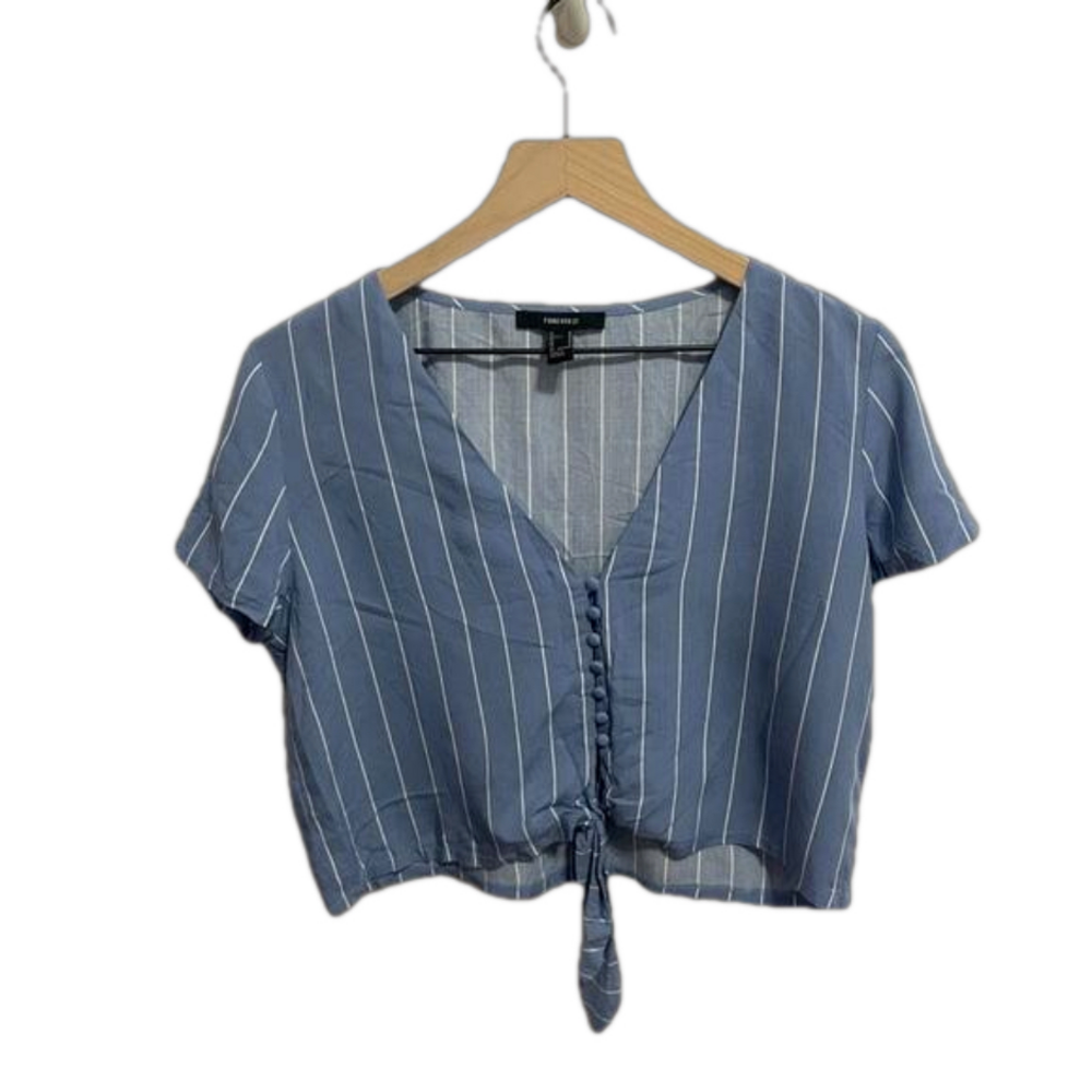 Forever 21 Cropped Blue Pinstripe Short-Sleeve Top